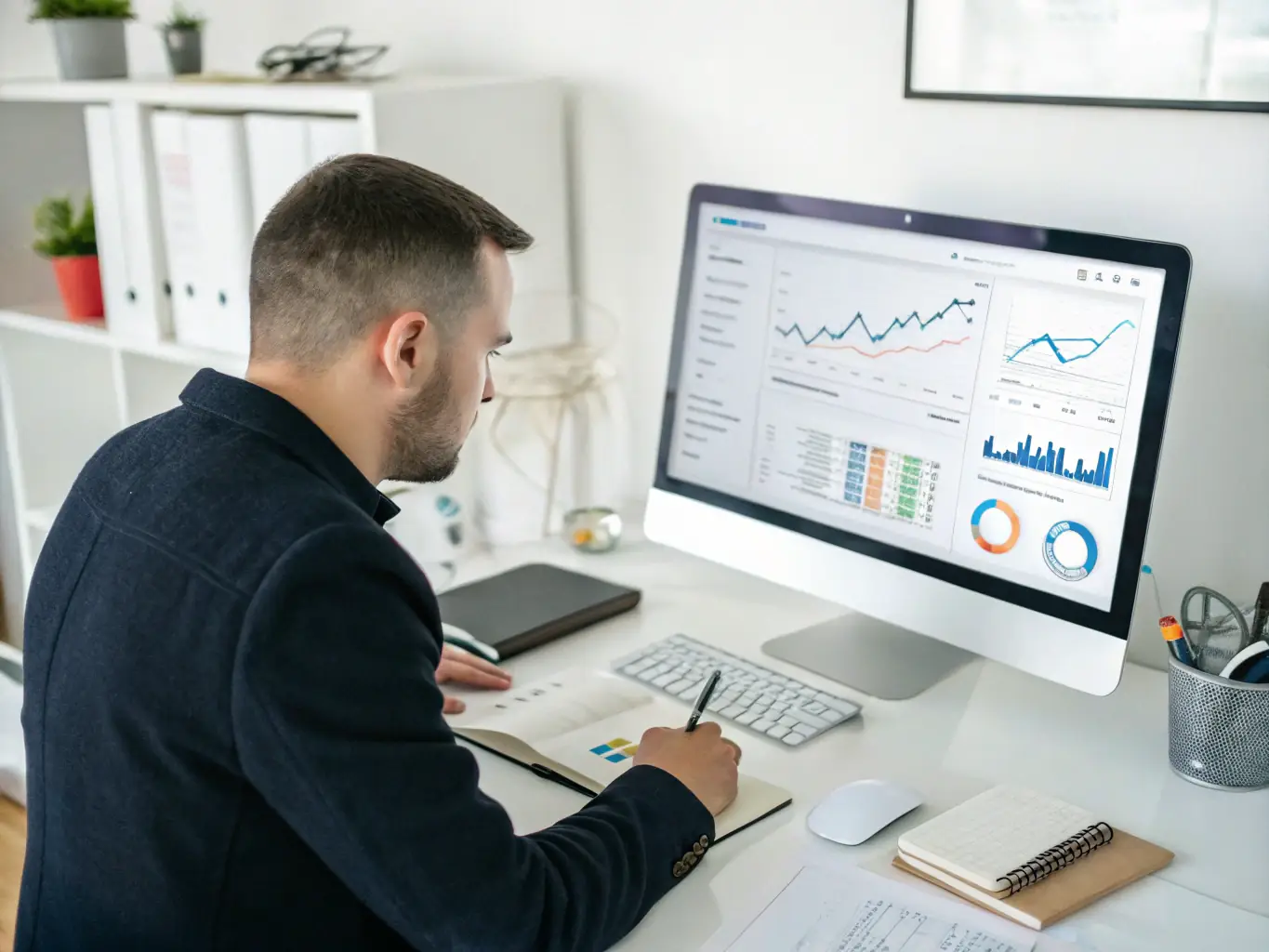 A professional photo of a person working on a Google Ads campaign, showing data analysis and optimization on a computer screen, in an office setting.