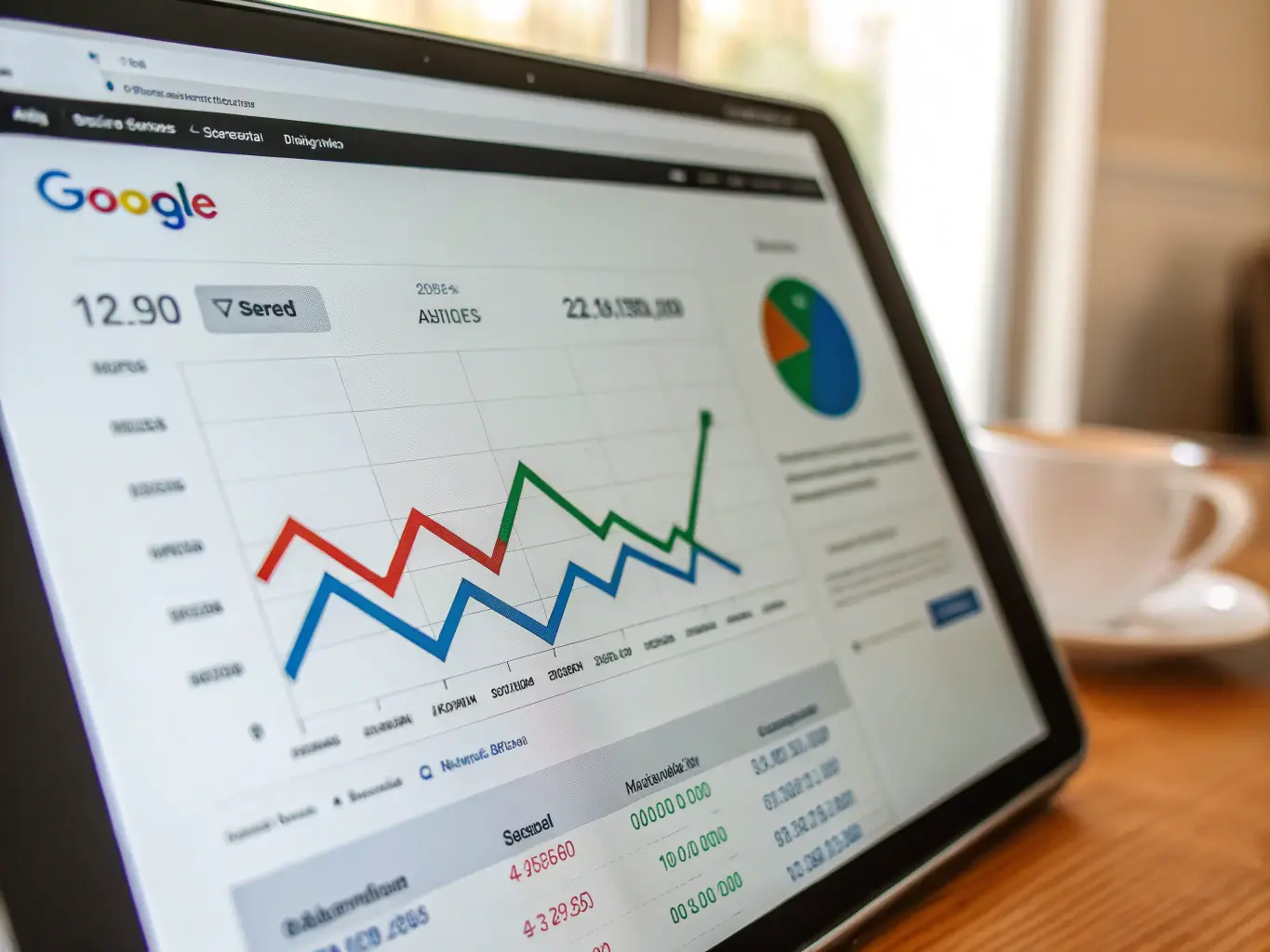 A photo of a website's search engine ranking improving over time, visualized as a graph trending upwards, with keywords highlighted.