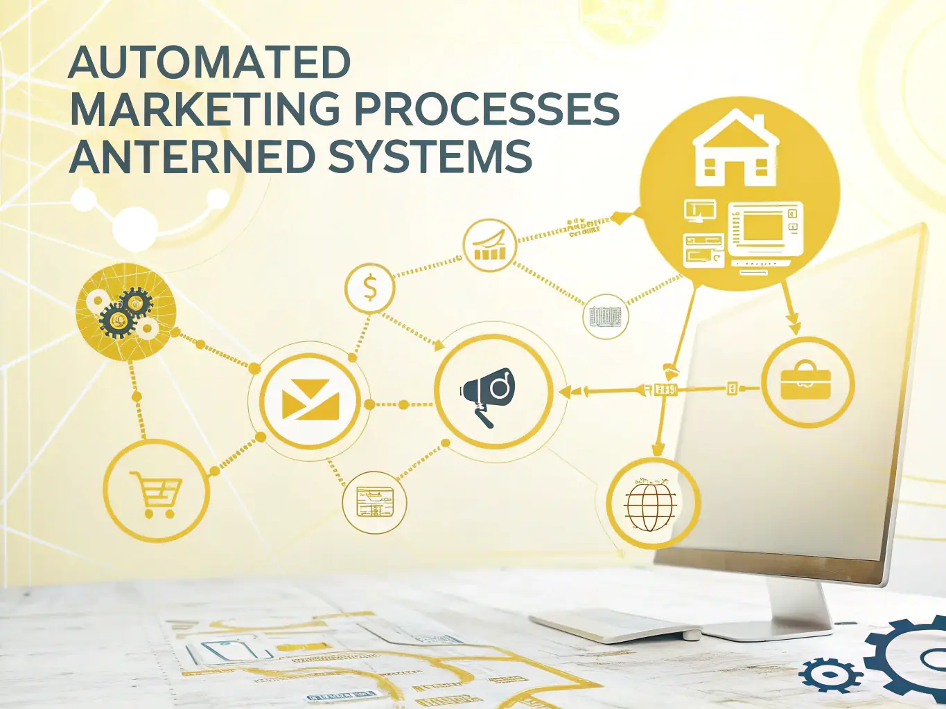 A futuristic image representing automation and artificial intelligence, with interconnected nodes and data streams, symbolizing efficient marketing processes.